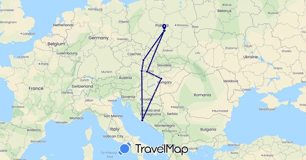 TravelMap itinerary: driving in Austria, Czech Republic, Croatia, Hungary, Poland, Slovakia (Europe)
